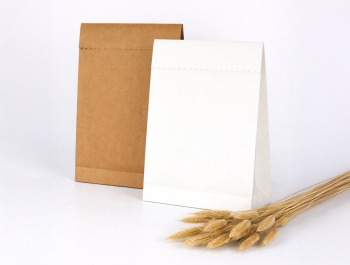 Deux sacs en papier, un brun, un blanc, à côté de fleurs séchées