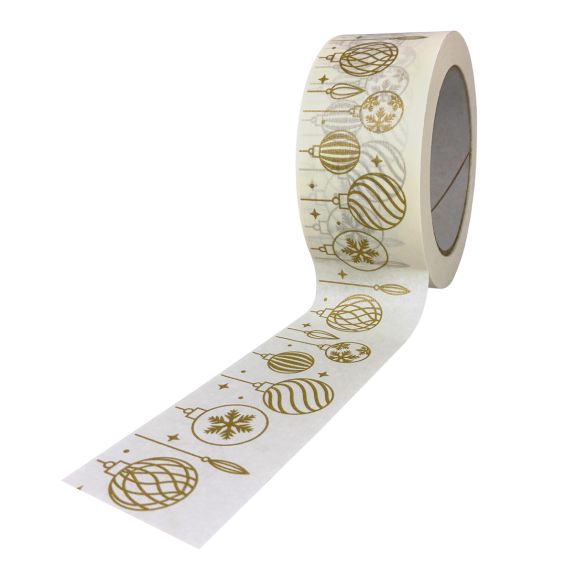 Papier Klebeband Packband weiss Weihnachtsmotiv Kugel gold, 50 mm x 50 m 9997P50_W001