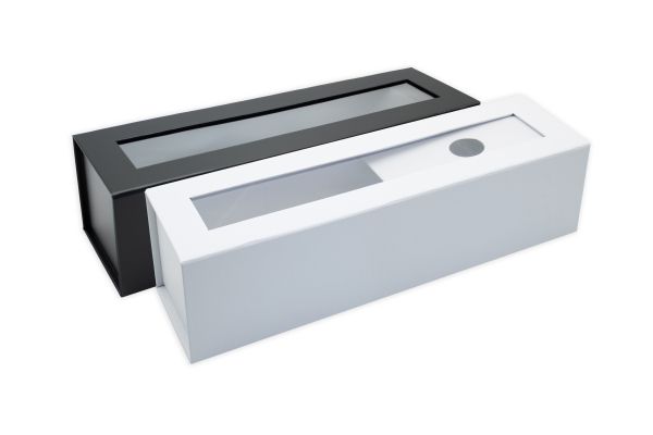 Boîte aimantée pour bouteilles avec fenêtre et insert à plat dans différentes couleurs Boîte aimantée pour bouteilles avec fenêtre et insert à plat dans différentes couleurs