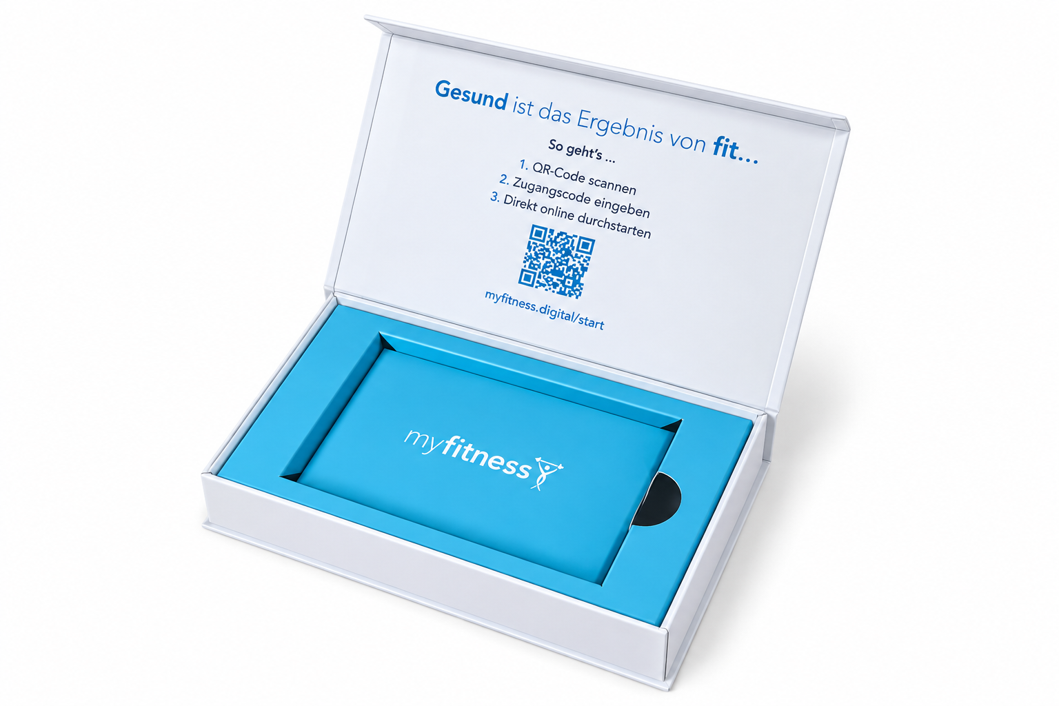 Boîte cadeau ouverte au branding myfitness avec code QR et enveloppe de bon bleue
