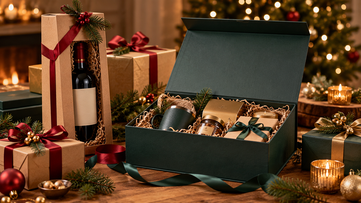 Boîte cadeau de Noël représentative avec du vin, une tasse et des présents, entourée de cadeaux emballés de manière festive.
