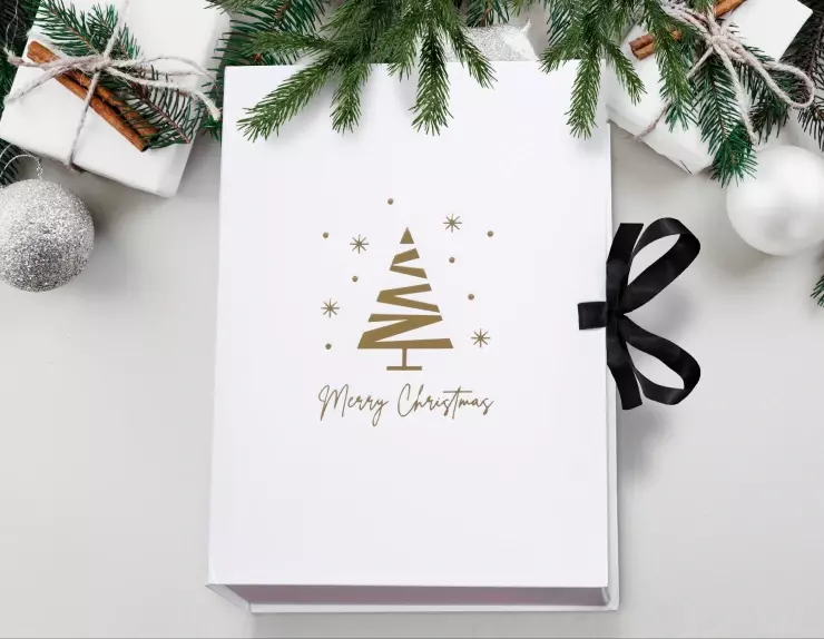 Boîte cadeau décorée pour Noël avec un ruban noir et des branches de sapin