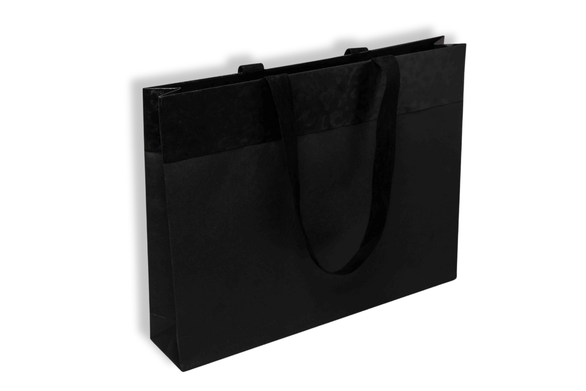 Sac en papier noir avec poignées, idéal pour un emballage élégant