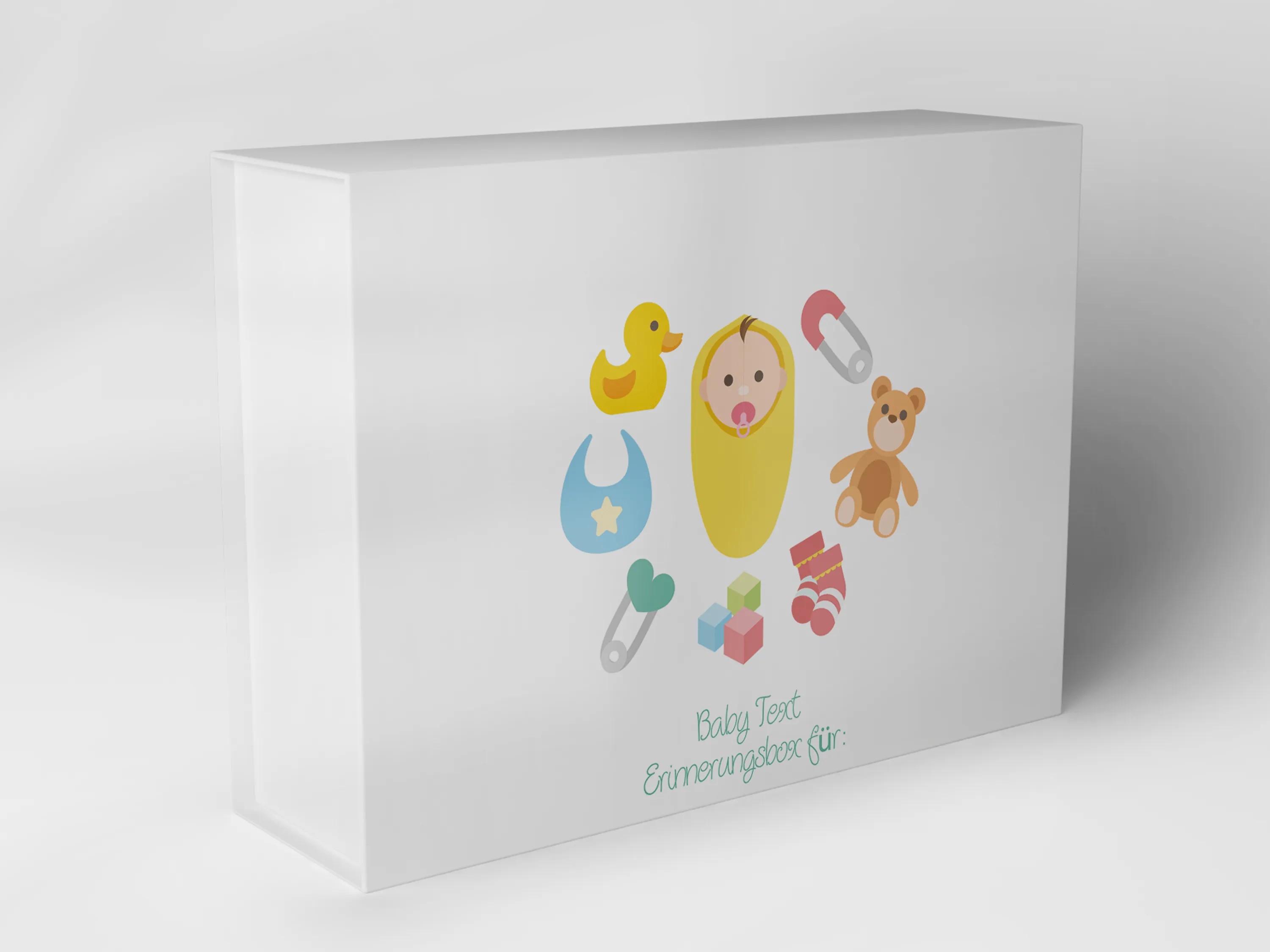 Boîte cadeau blanche avec motif de bébé et illustrations de jouets colorés
