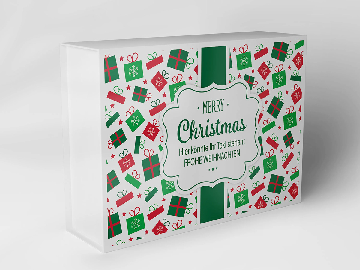 Boîte cadeau de Noël avec motifs festifs et vœux de joyeux Noël