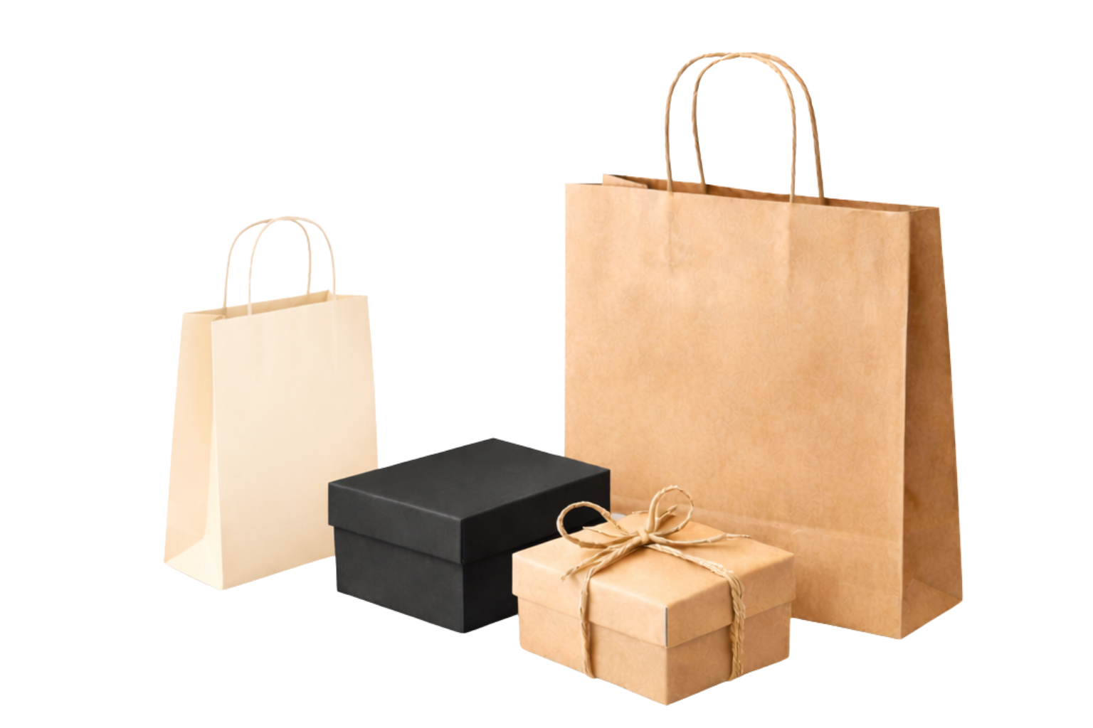 Afficher des sacs en papier bruns et des boîtes cadeaux en matériau recyclé