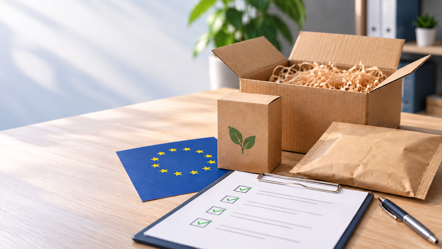 Emballages en carton avec drapeau de l’UE et liste de contrôle sur un bureau