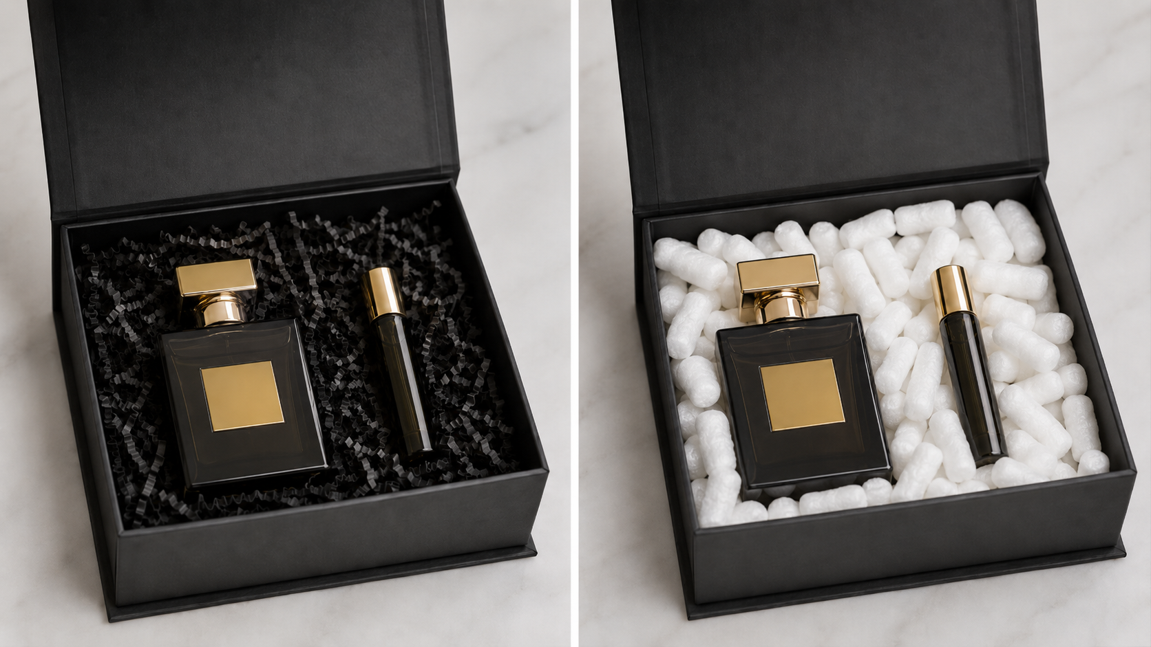 Deux boîtes de parfum comparées : le matériau de calage noir en papier paraît plus haut de gamme que les chips d'emballage blancs.