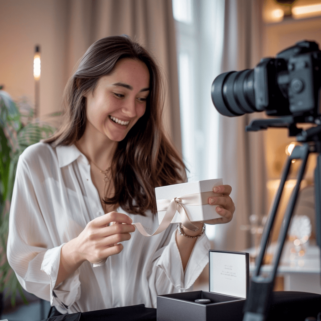 Femme ouvrant une boîte cadeau élégante devant la caméra dans un cadre chic