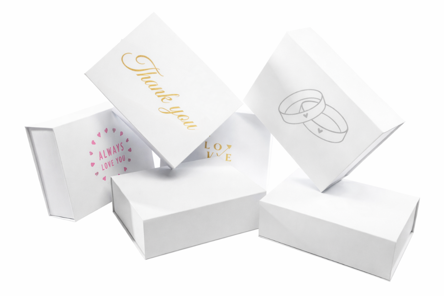 Boîtes cadeaux blanches ornées de motifs de mariage et de messages de remerciement