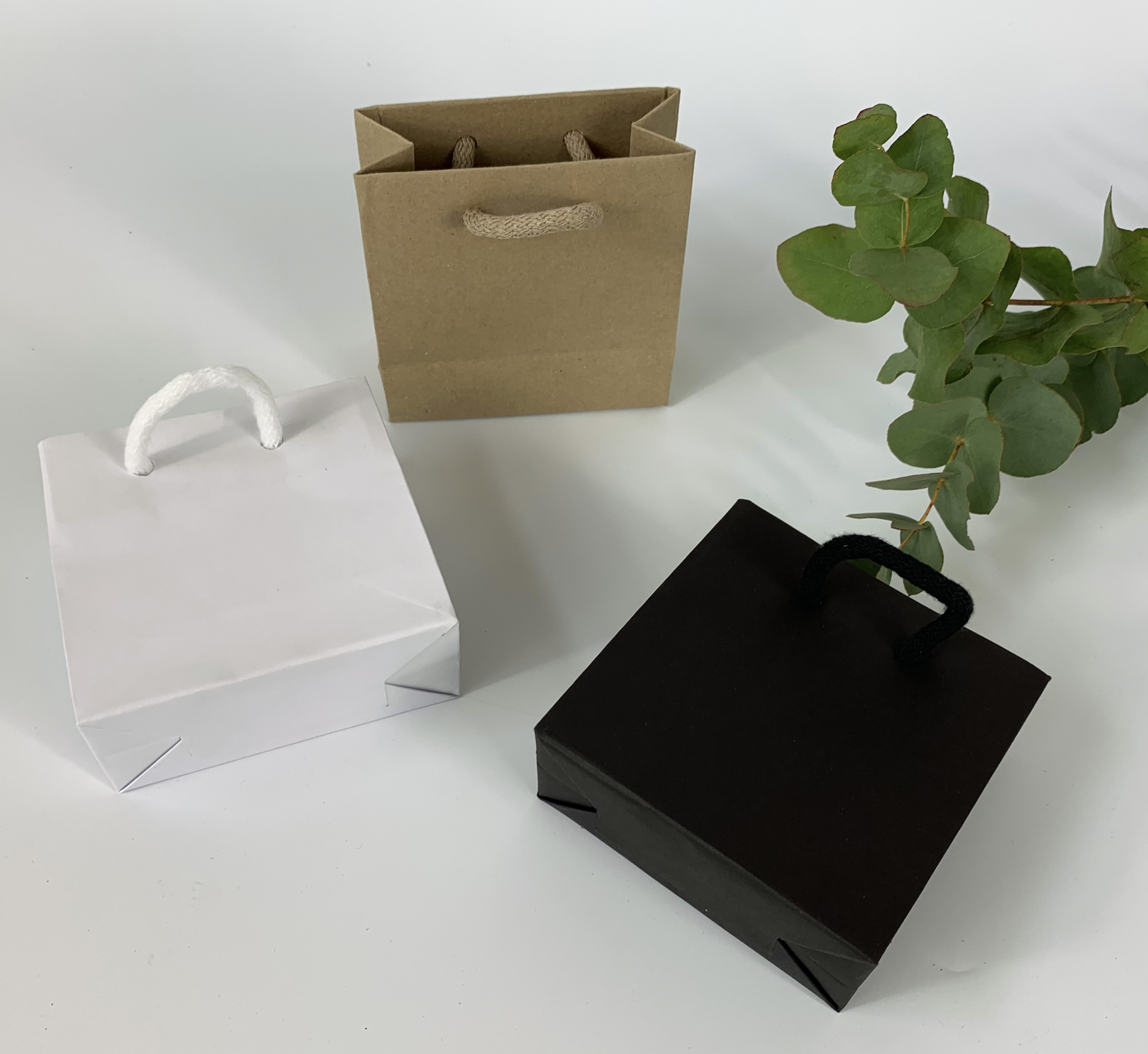 Sacs en papier marron, blanc et noir à côté de feuilles d'eucalyptus vertes